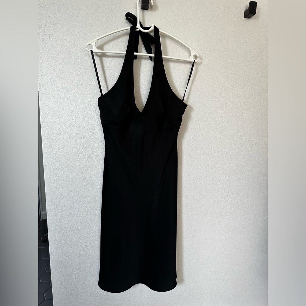 Black halter dress - looks like satin but with some stretch